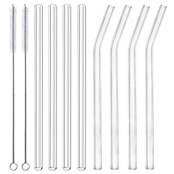 Glass Smoothie Straws, 10" x 10 mm Long Reusable Clear Drinking Straws for Smoothie, Milkshakes, Pack of 8 with 2 Cleaning Brush,