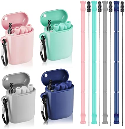 ALINK Reusable Silicone Collapsible Straws -4 Pack Portable Drinking Straw with Colorful Carrying Case and Cleaning Brush, BPA Free - (Pink/Fruit Green/Gray/Deep Blue）