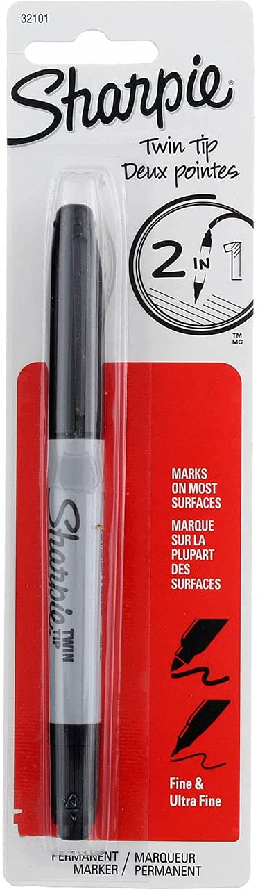 Sharpie Twin-Tip Permanent Marker, Fine/Ultra Fine Point, Black Ink, Pack of 6