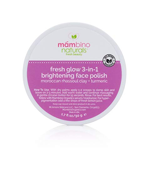 Mambino Organics Fresh Glow 3-In-1 Brightening Face Polish, Rhassoul Clay   Turmeric, 1.7 Ounces