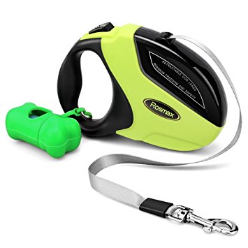 Rosmax Retractable Dog Leash - 16 FT Dog Walking Leash for Medium Large Dogs up to 110 lbs - Heavy Duty & Tangle Free - One Button Break and Lock - Free Dog Waste Bags Included