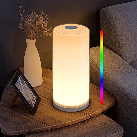 Bedside Lamp, Flyzy Touch Sensor LED Smart Lamp for Bedrooms Night Light for Kids, Dimmable Warm White Touch Lamp and RGB Color Changing Nightstand Lamp for Baby Kids Room, Living Room & Hallways