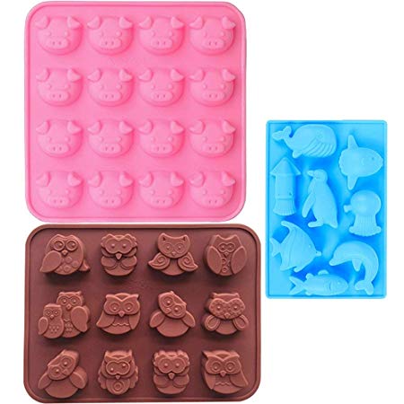 IHUIXINHE Food Grade Silicone Mold, Non-stick Ice Cube Mold, Jelly, Biscuits, Chocolate, Candy, Cupcake Baking Mould, Muffin pan (Piggy &Fish & Owl 3PCS)