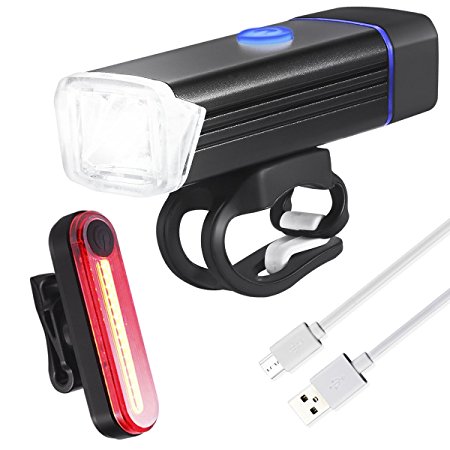 AMIR USB Rechargeable Bike Light Set, 5W LED 180 Lumens Headlight, 15 LED Taillight, IPX-6 Waterproof Long-Running Bike Headlight with 4 Modes 6 Brightness, 510 Feet Beam Length for Cycling Safety