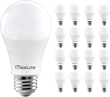 MaxLite A19 LED Bulb, Enclosed Fixture Rated, Daylight 5000K, 100W Equivalent, 1600 Lumens, Dimmable, E26 Medium Base, 16-Pack