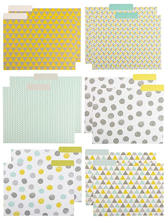 File Folders - 12-Pack Decorative File Folders, 6 Geometric Colorful File Folders, Designer File Folders - Letter Size 1/3 Cut 1/2 inch Top Memory Tab, 11.5 x 9.5 inches
