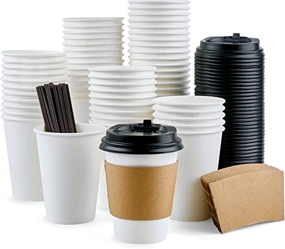 50 Pack 12 oz Paper Coffee Cups with Lids, Stirrers and Sleeves - White Disposable To Go Coffee Cups Hot/Cold Beverage Drinking Cups for Home and Cafes