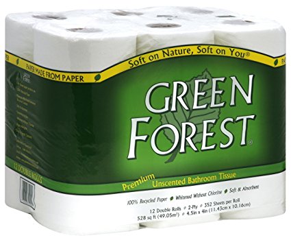 Green Forest Unscented Bathroom Tissue, 100% Recycled Paper,  Whitened Without Chlorine, 352 Sheets Roll 12 Double Roll package