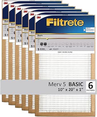 Filtrete 10x20x1 Air Filter, 3M MERV 5 HVAC AC Furnace Filter Replacement, 6-Pack (Actual Size 9.81x19.81x0.88 in)