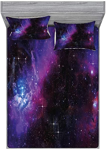 Ambesonne Space Fitted Sheet & Pillow Sham Set, Nebula Dark Galaxy Luminous Stars and Cosmic Rays Astronomy Explore Theme, Decorative Printed 3 Piece Bedding Decor Set, Full, Purple Blue