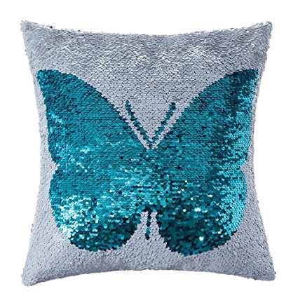 Homecy Reversible Sequins Pillow Cover Butterfly Patten Mermaid Pillowcases Throw Cushion 16x16 Inch