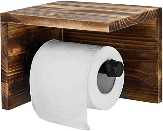 MyGift Wall Mounted Wood & Pipe Toilet Paper Holder & Shelf, Dark Brown