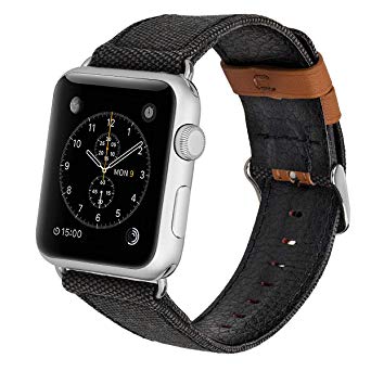 MroTech Compatible for Apple Watch Band 44mm Series 4, Replacement iWatch Strap 42mm Premium Soft Canvas Fabric/Genuine Leather Band for iWatch Series 4/3 / 2/1, (Canvas Black, 42 mm/44 mm)