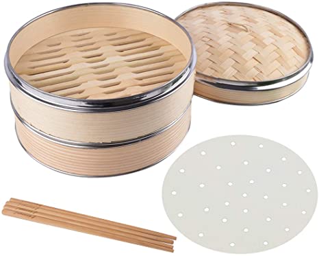 10 Inch Bamboo Steamer, Alotpower 2 Tier Steamer Basket for Steaming Dumplings Dim Sum Buns Vegetables Meat Fish Rice (2 Pairs Chopsticks and 100 Steamer Paper Liners Included)