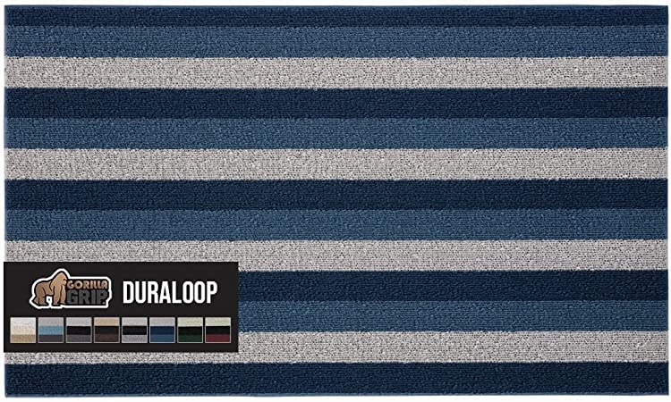 Gorilla Grip Heavy Duty Striped Doormat, 36x24, Thick Bristles, Crush Proof Texture, Catches Dirt from Shoes, Strong Backing, Easy to Clean, Indoor and Outdoor Entrance Mats, Light Gray Blue Navy