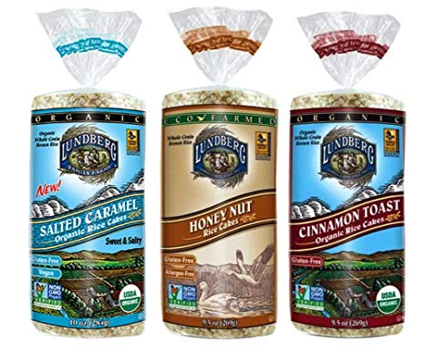 Lundberg Gluten-Free Non-GMO Rice Cakes 3 Flavor Variety Bundle, (1) Each: Salted Caramel, Honey Nut, and Cinnamon Toast, 9.5-10 Ounces (3 Total)