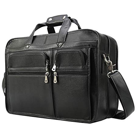 Polare Men's 17" Full Grain Leather Messenger Bag for Laptop Briefcase Tote (Black(Calfskin Leather))
