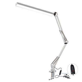 NovoLido LED Desk Lamp, Metal Swing Arm Architect Lamp, 3 Colors Modes Craft Light with Clamp for Reading/Office/Work/Travel, Gradual Dimmable Brightness with Button, 7.8W Drafting Table Lamp (White)