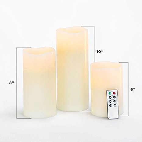 Variety Set of 3 Large Melted Edge Flameless Smooth Ivory Tall Wax Pillars with Remote