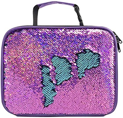 Reversible Sequins Insulated Lunchbox for Girls Violet Lightweight Lunch Containers Bag (Violet/Light Blue)
