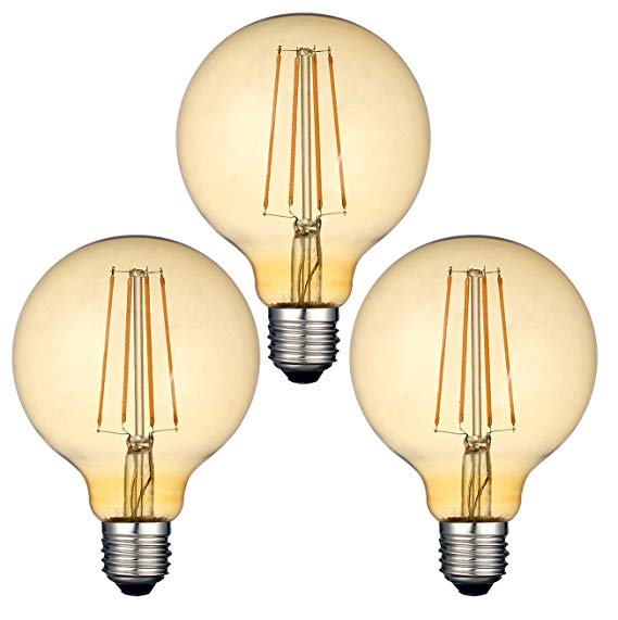 LED Vintage Bulbs, E27 Screw Filament Edison Light Bulbs, 4W(Equivalent to 40W) Dimmable 2500K,Warm White Retro Old Fashioned Decorative Amber Globe Glass Bulbs 220-240V, G95-Amber-3 Pack