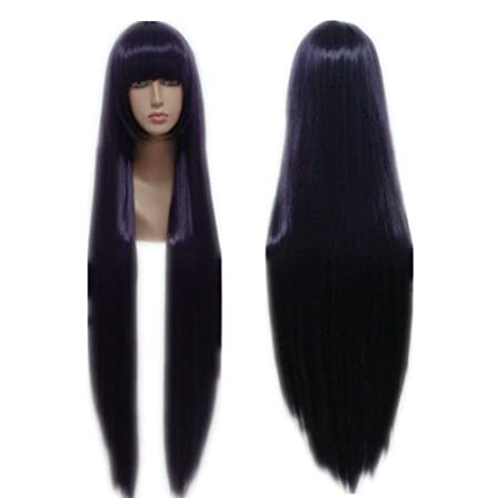 COSPLAZA Cosplay Wigs Long Straight Deep Purple Anime Hair Halloween Party Role Play Props with Flat bangs
