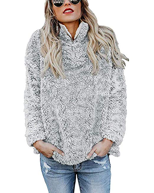 KUFV Women Long Sleeve Pullover Jumper Zipper Fleece Top Sweaters