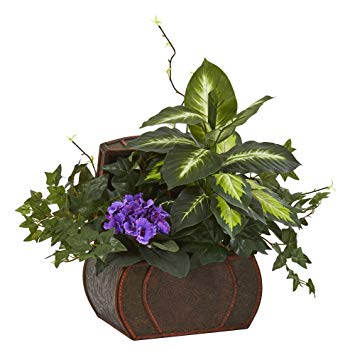 Nearly Natural 8079-PP African Violet & Mix Greens Artificial Plant in Decorative Chest, Purple
