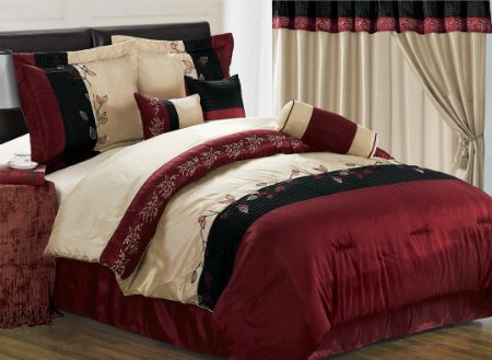 Chezmoi Collection 7-Piece Embroidery Tree Branch with Leaf Comforter Set for Queen Size Bedding
