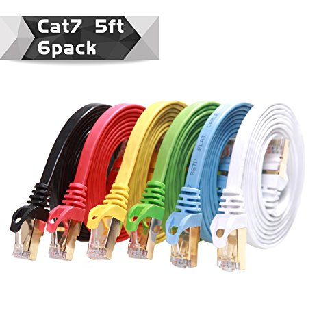 Cat7 Shielded Ethernet Patch Cable 5ft 6 Pack ( Highest Speed Cable ) Flat Ineternet/ Network Cable with Snagless RJ45 Connector for Modem, Router, LAN, Computer