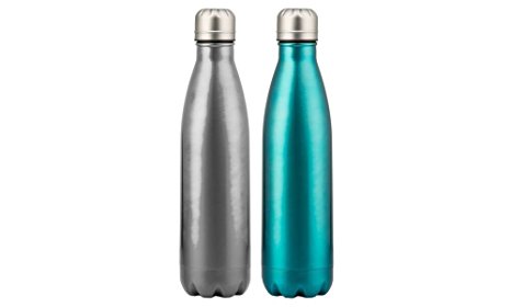 Hamilton Beach Screw Top Bottle, 17oz, 2 Pack Set, , Stainless Steel/Blue