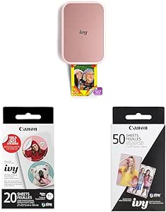 Canon Ivy 2 Mini Photo Printer, Print from Compatible iOS & Android Devices, Sticky-Back Prints, Blush Pink & Ivy Zink Pre-Cut Circle Sticker Paper, 20 Sheets & Zink Photo Paper Pack, 50 Sheets