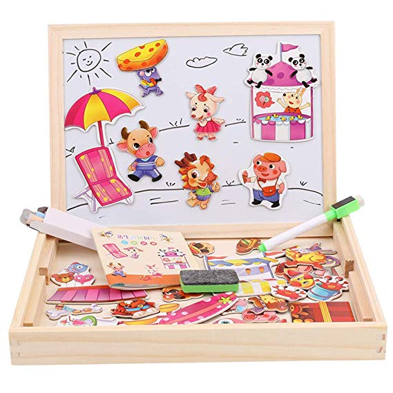 Magnetic Jigsaw Puzzle Toddler Toys, Multifunctional Wooden Drawing Easel Double Sided with Dry Erase Board & Chalkboard Perfect Educational Toy for Kids (Animals)