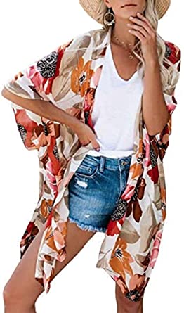 Women's Floral Print Puff Sleeve Kimono Cardigan Loose Cover Up Casual Blouse Tops