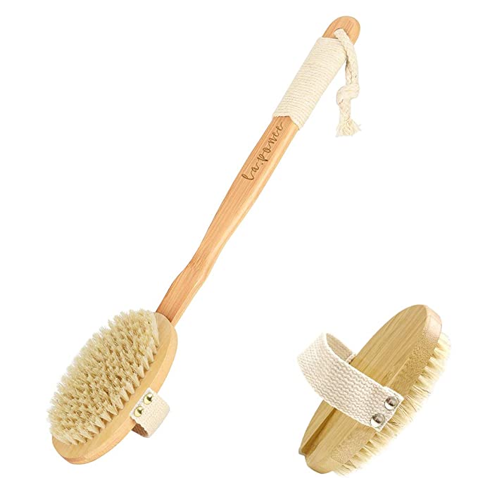 LAPONEE Shower Brush - Dry Brush for Massage to Get Glowing Tighter Skin - Natural Bristle Body Brush to Easily Exfoliate Dry Skin - Wooden Long Handle (Removable oval head)
