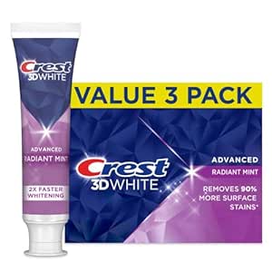 Crest 3D White Advanced Teeth Whitening Toothpaste, Radiant Mint, 3.3 oz, Pack of 3