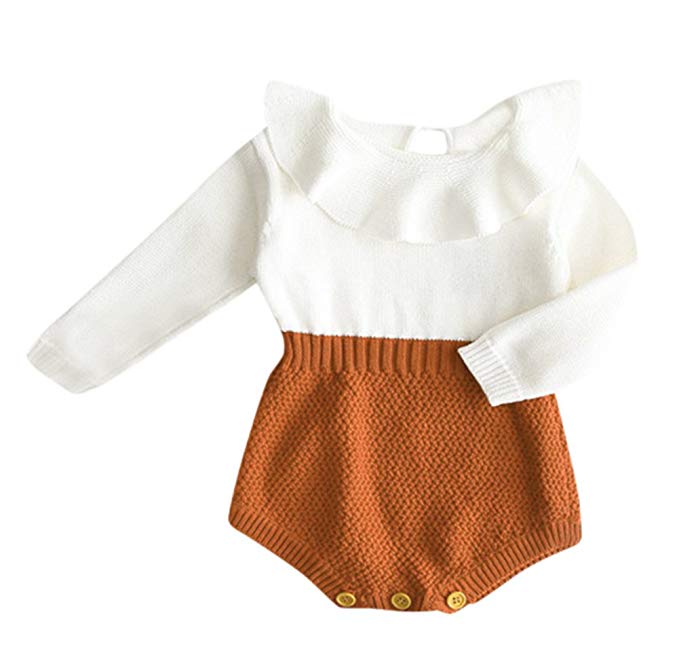 Eiffel Direct Baby Girls Sweet Knitted Fleece Romper Long Sleeve Ruffle Jumpsuit Sweater Dress