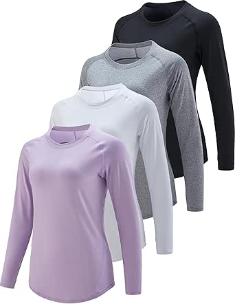 4-Pack: Womens Long Sleeve Athletic Tops with Thumb Holes – Dry Fit Active Crewneck Workout Tees