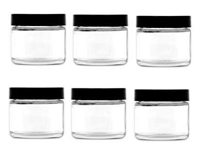 Premium Vials, 2 Oz CLEAR Glass Jar Straight Sided with Black Lid - Pack of 6 (2 OZ, Clear)