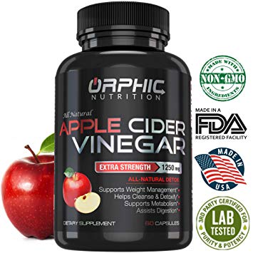 Organic Extra Strength 1250mg Apple Cider Vinegar Capsules | Detox Pills | Extra Strong, Non-Stimulating | Detox, Cleanse, Manage Weight & Improve Digestion | Men & Women | Pack of 60