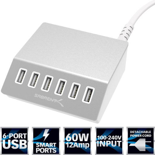 Sabrent Premium 60 Watt (12 Amp) 6-Port Aluminum Family-Sized Desktop USB Rapid Charger. Smart USB Charger with Auto Detect Technology [Silver] (AX-FLCH)