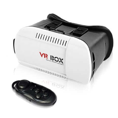 Highly Immersive Virtual Reality VR Headset VR Box 3D Glasses w/ Free Game Controller for iOS & Android Smartphone (4.7"-6.0") - White