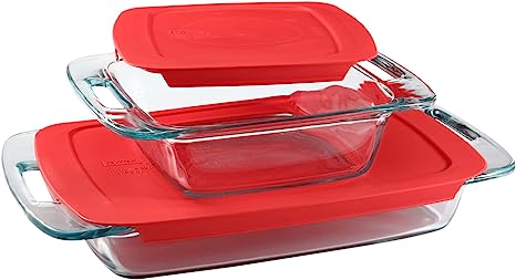 Pyrex 1091675 Easy Grab 4-Piece Bakeware Set with Red Plastic Cover