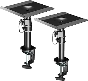 suptek Clamp-on Speaker Stand Desk Mount Set, 9.6 x 8.8 inch Trays, Height Adjustment and Tilt, Universal Audio Holders for Computer and Bookshelf Speakers, Elevated Sound, 2 Pack, Black, SDM001B