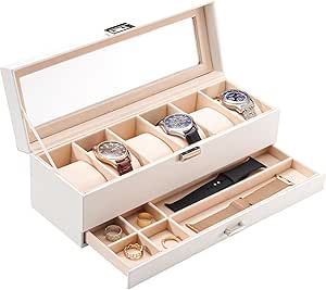 ProCase Watch Box for Men, 6 Slot Watch Display Case with Drawer, Mens Watch Case With Glass Lid, 2-Layer Jewelry and Watch Storage Watch Holder Organizer Gift for Men Women -6 Slot, White