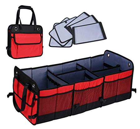 Cutequeen Trunk Organizer Back Seat Protector Storage Organizer Multi Compartments Collapsible Portable for SUV Car Truck Auto Red and Black(Pack of 1) (Trunk Organizer, Red)