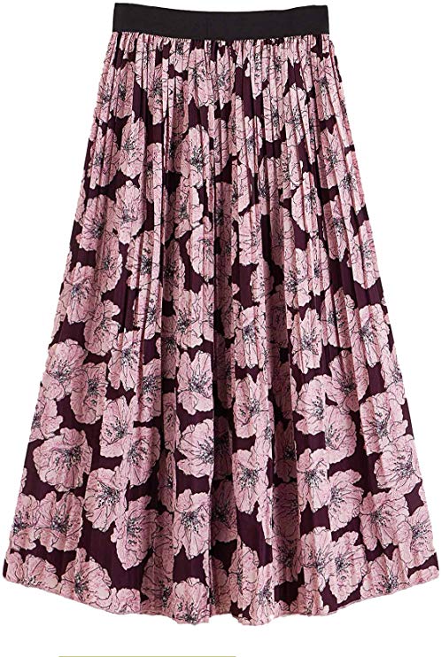 SheIn Women's Summer Color Block Floral Midi A-Line Pleated Skirt