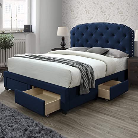 DG Casa Argo Tufted Upholstered Panel Bed Frame with Storage Drawers and Nailhead Trim Headboard, Queen Size in Blue Faux Velvet
