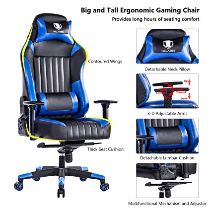 KILLABEE Big and Tall 440lb Gaming Chair - Adjustable Tilt, Back Angle and 3-D Arms Ergonomic High Back Racing Leather Executive Computer Desk Office Chair Detachable Padded Headrest & Lumbar Support