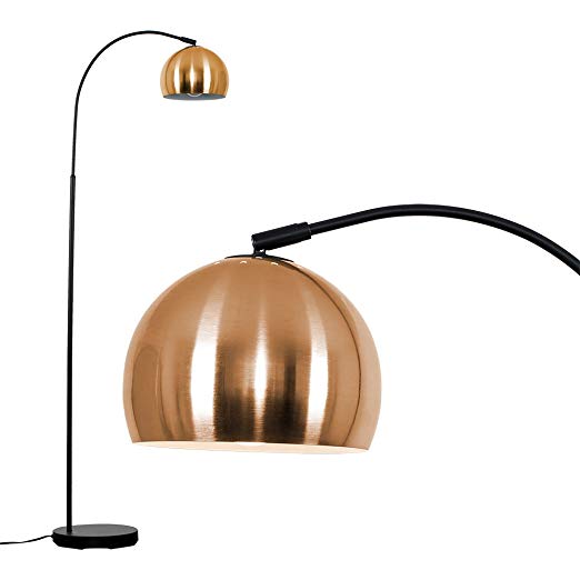 Modern Designer Style Black Curved Stem Floor Lamp with a Brushed Copper Arco Style Metal Dome Light Shade